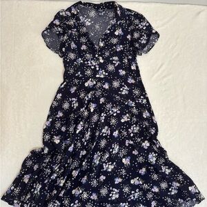 Minimalist Cottagecore Chaps Navy Floral Asymmetrical Maxi Dress Size Medium